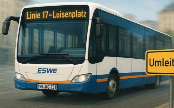 AI-generiertes Bild zeigt die Linie 17, Fahrziel Luisenplatz. Wegen Baustellen wird die Linie umgeleitet.