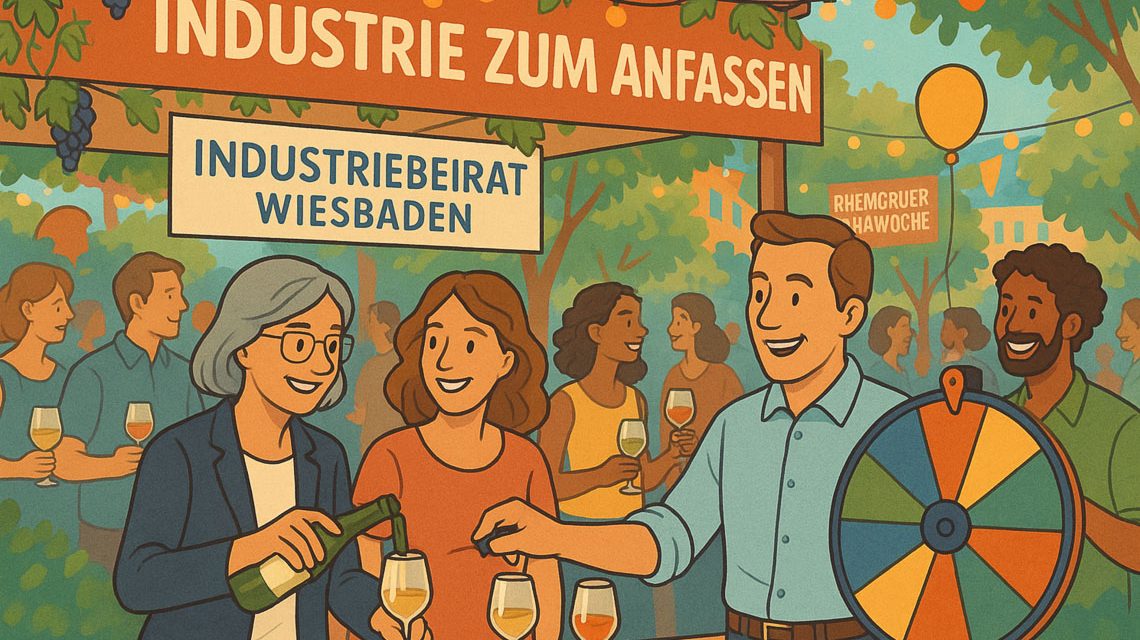Industrie zum Anstoßen: Bürgermeisterin Christiane Hinninger und Mitglieder des Wiesbadener Industriebeirats laden am Weinstand zum Gespräch – und zum Glücksrad.