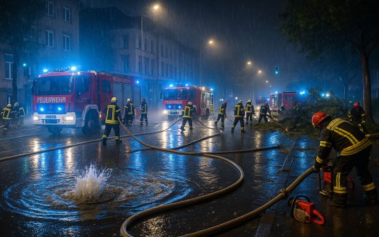 Feuerwehrkräfte pumpen Keller leer: Nach dem Starkregen arbeiteten sie an über 20 Einsatzstellen in ganz Wiesbaden.