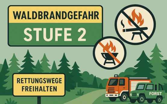Ein Schild im Wald erinnert: Die Waldbrandwarnstufe ist gesenkt – die Verantwortung bleibt.