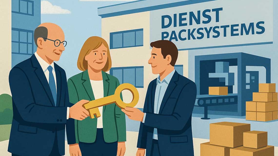 KI-generiertes Bild. Schüsselübergabe vor dem neuen Werksgebäude.