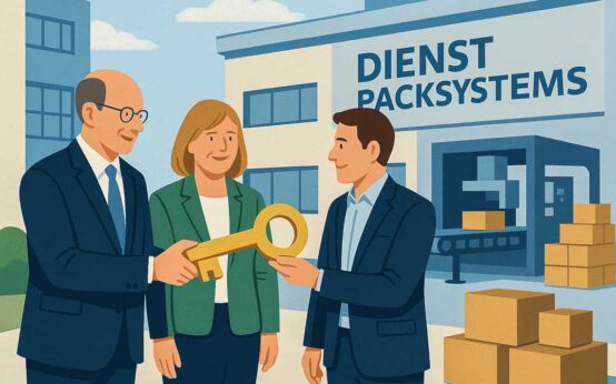 KI-generiertes Bild. Schüsselübergabe vor dem neuen Werksgebäude.