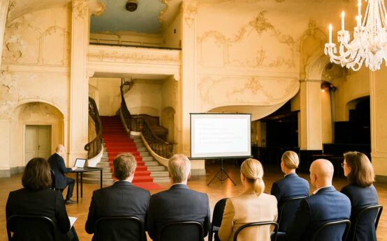 Die Walhalla von Innen, ein Projektor zeugt entwürfe. Personen verfolgen die Ausfphrnugen.