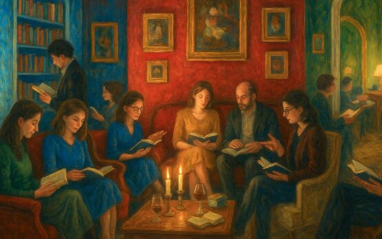 Leseparty in der Villa Clementine, Menschen sitzen und lesen, jeder für sich.
