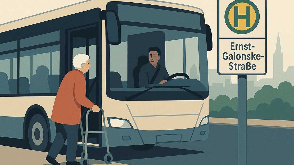 Eine ältere Person mit Gehhilfe steigt in einen Bus ein.