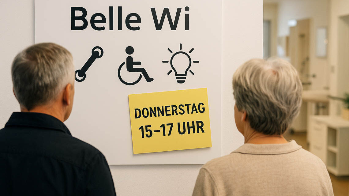 Zwei Besucher der Musterausstellung Belle-Wie stehen zu früh vor den Türen