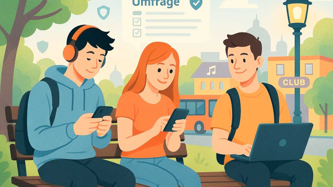 Drei junge Menschen sitzen auf einer Parkbank und beschäftigen sich sichtlich online.