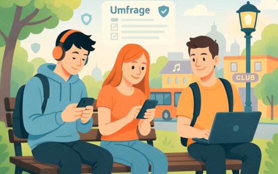 Drei junge Menschen sitzen auf einer Parkbank und beschäftigen sich sichtlich online.