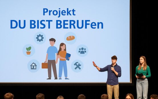 Schülerinnen und Schüler präsentieren ihre Erfahrungen der Aktionswoche „Du bist BERUFen“ in der Wartburg des Hessischen Staatstheaters Wiesbaden