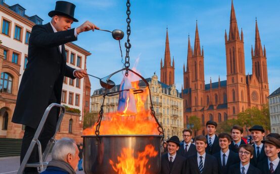 Feuerzangenbowle auf dem Schlossplatz, bildliche Anmutung mit KI generiert.