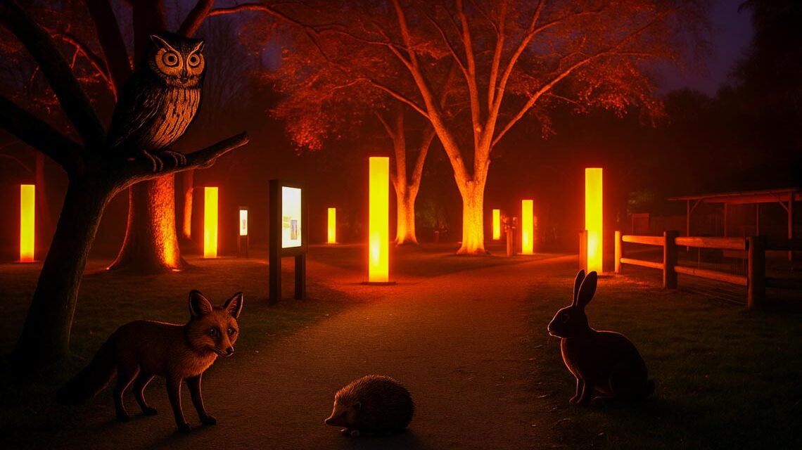 Besucherinnen entdecken beleuchtete Stationen in der Fasanerie bei der „Orange Night“. Ein Spaziergang für Engagement, Information und besondere Atmosphäre.