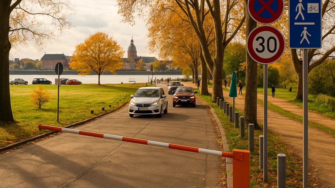 Schranke am Kasteller Rheinufer.