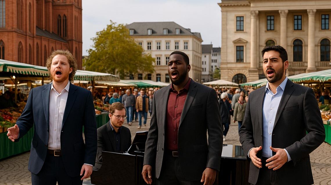Symbolbild: Joshua Sanders, Nathan Bryon und Sascha Zarrabi bringen Oper mitten auf den Wiesbadener Marktplatz – live zum World Opera Day.