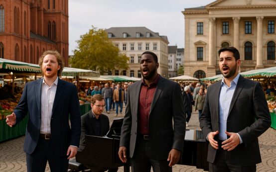 Symbolbild: Joshua Sanders, Nathan Bryon und Sascha Zarrabi bringen Oper mitten auf den Wiesbadener Marktplatz – live zum World Opera Day.