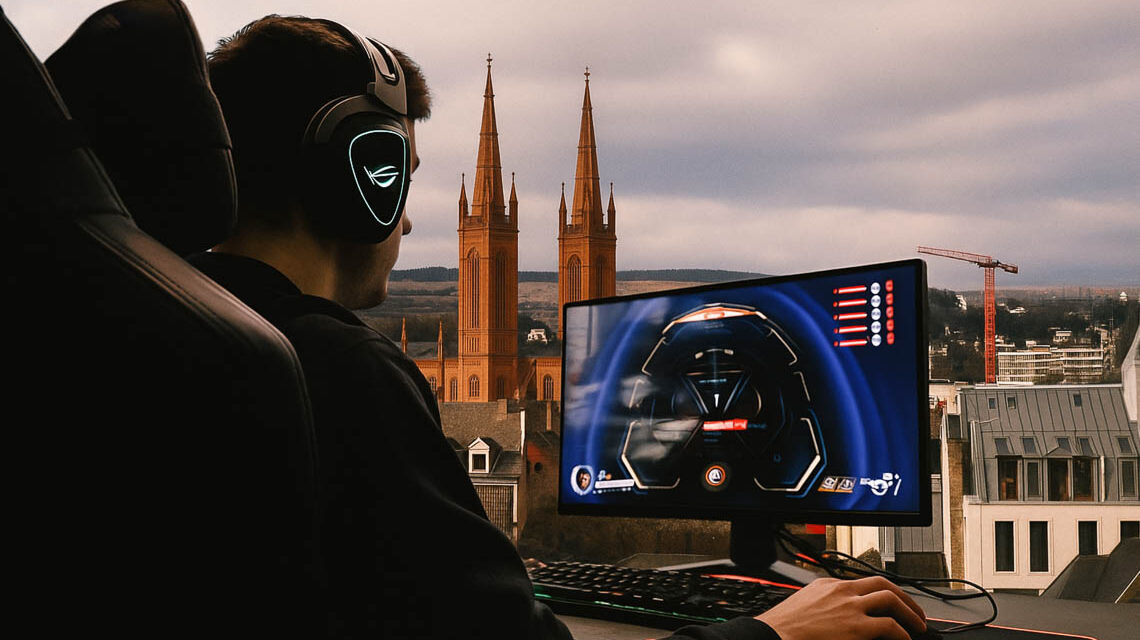 eGaming in Wiesabden. Bild-Kollage, Gamer vor Marktkirche.