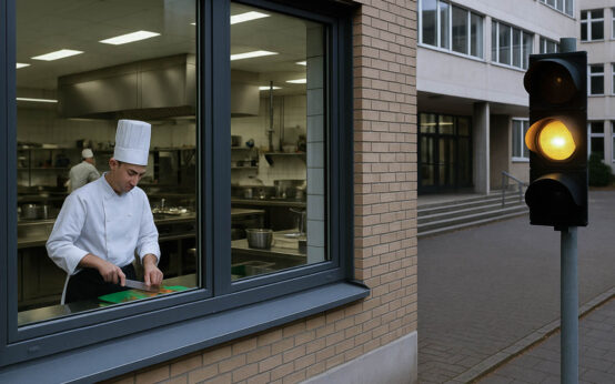 Ein Koch-Azubi in der Lehr-Küche. Die Ampel steht auf gelb.