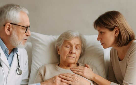 Eltern kümmern sich um Mutter am Krankenbett.