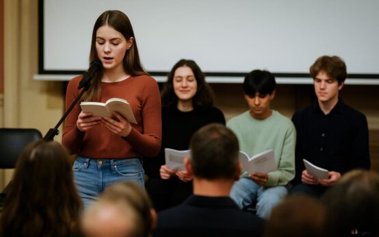 Die jungen Autorinnen und Autoren der „Schreibwütigen 2.5“ präsentieren ihre Texte bei der Abschlusslesung im Literaturhaus Villa Clementine.