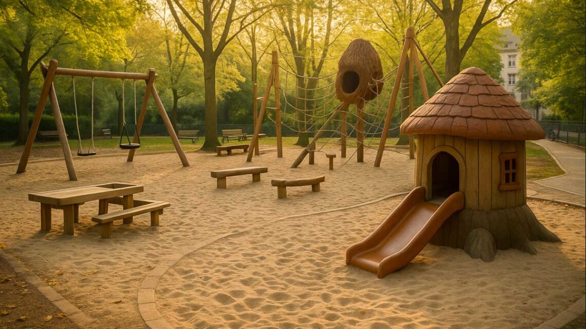 Kinder erkunden Sand, Klettergerät und Eichhörnchen-Kobel auf dem neuen Spielplatz Philipp-Holl-Straße.