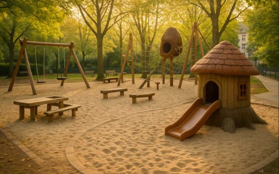 Kinder erkunden Sand, Klettergerät und Eichhörnchen-Kobel auf dem neuen Spielplatz Philipp-Holl-Straße.