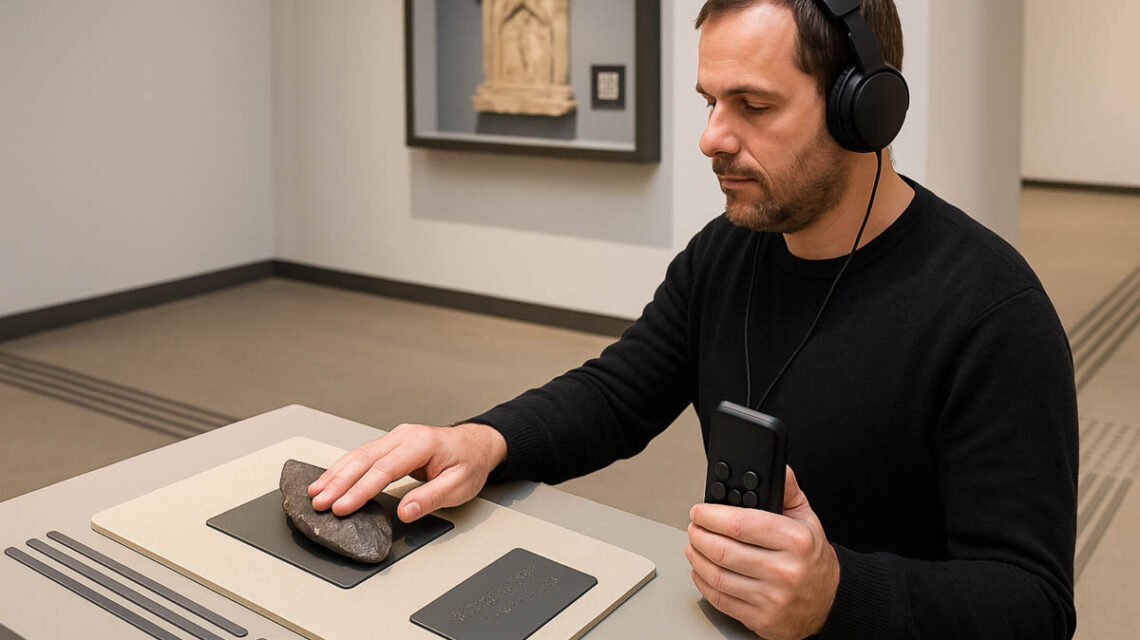 Besucherinnen ertasten eine Replik im Stadtmuseum Wiesbaden, während der neue Audioguide Informationen vermittelt.