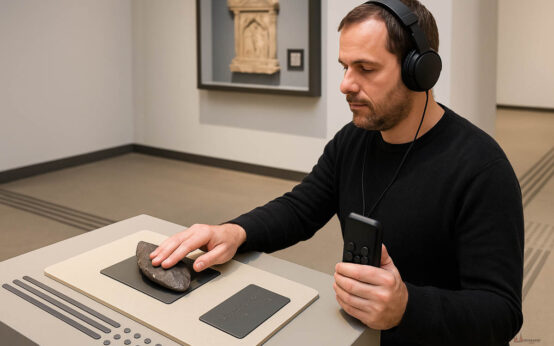 Besucherinnen ertasten eine Replik im Stadtmuseum Wiesbaden, während der neue Audioguide Informationen vermittelt.