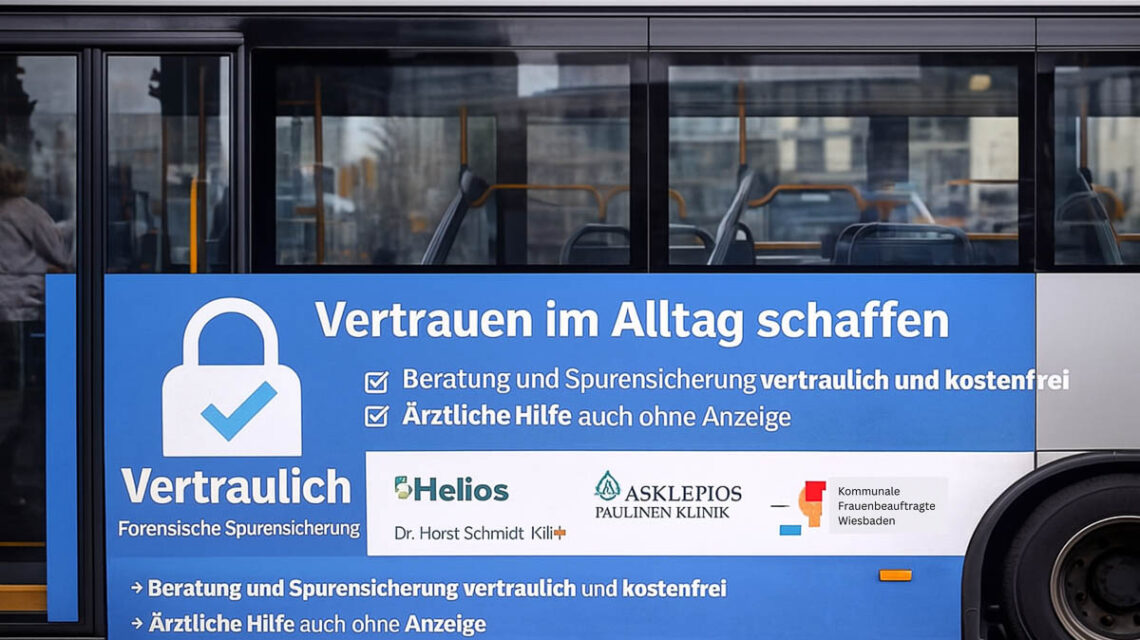 Infotainment in den ESWE-Bussen informiert über medizinische Soforthilfe: Betroffene können vertraulich Hilfe erhalten und Spuren sichern lassen.