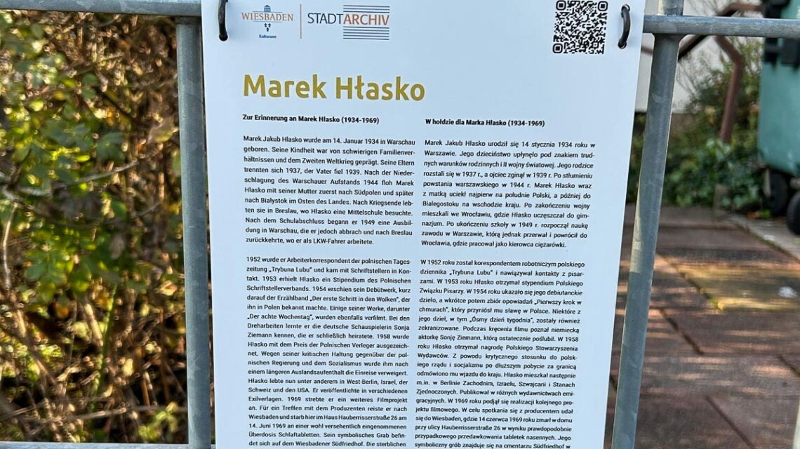 Eine neue Gedenktafel in Wiesbaden erinnert an Marek Hłasko. Der polnische Schriftsteller starb 1969 in der Hauberrisserstraße 26. Die Initiative würdigt sein literarisches Vermächtnis, seine Haltung und die internationale Bedeutung eines Autors, der gegen den Strich schrieb.
