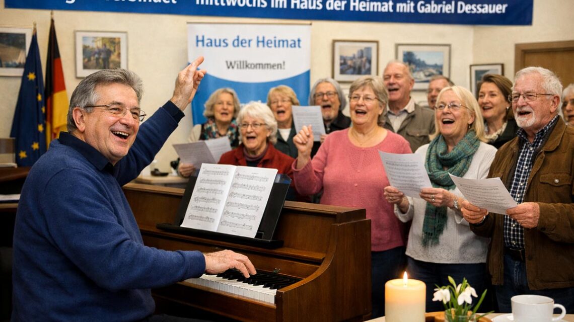Gabriel Dessauer lädt im Haus der Heimat zum offenen Mitsingen ein – jeder darf einfach die Stimme heben.