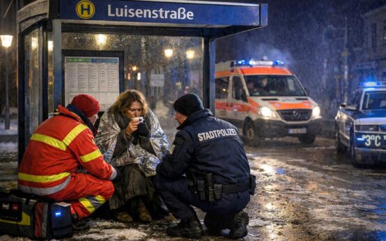 Rettungskräfte halfen der Frau im Rettungswagen, während die Polizei für ihre sichere Weiterleitung sorgte – manchmal entscheidet eine Minute über Leben.