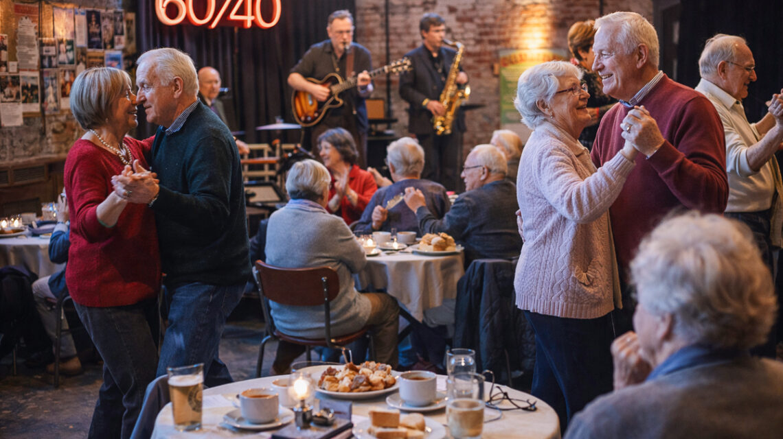 Senioren Ttanzen, sitzen bei Kaffee und Kuchen zusammen und unterhalten sich.