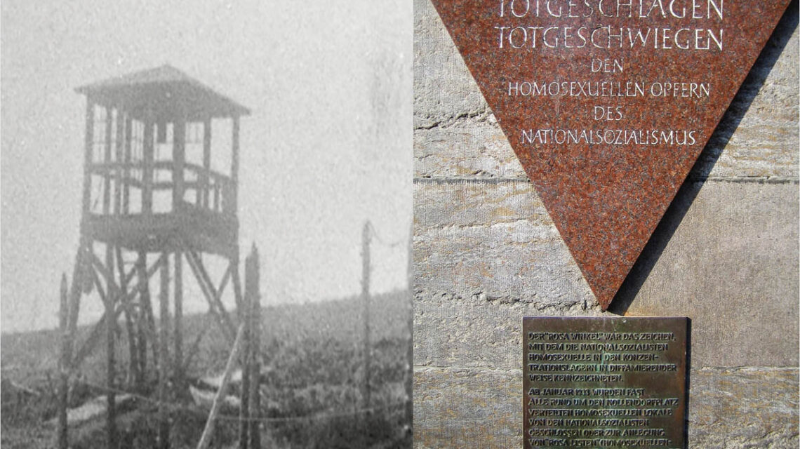 Winkelförmige Gedenktafeln aus rotem Granit mit der Inschrift „Totgeschlagen, totgeschwiegen“ wurden an verschiedenen Gedenkorten angebracht, hier am U-Bahnhof Nollendorfplatz in Berlin