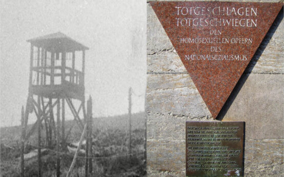 Winkelförmige Gedenktafeln aus rotem Granit mit der Inschrift „Totgeschlagen, totgeschwiegen“ wurden an verschiedenen Gedenkorten angebracht, hier am U-Bahnhof Nollendorfplatz in Berlin