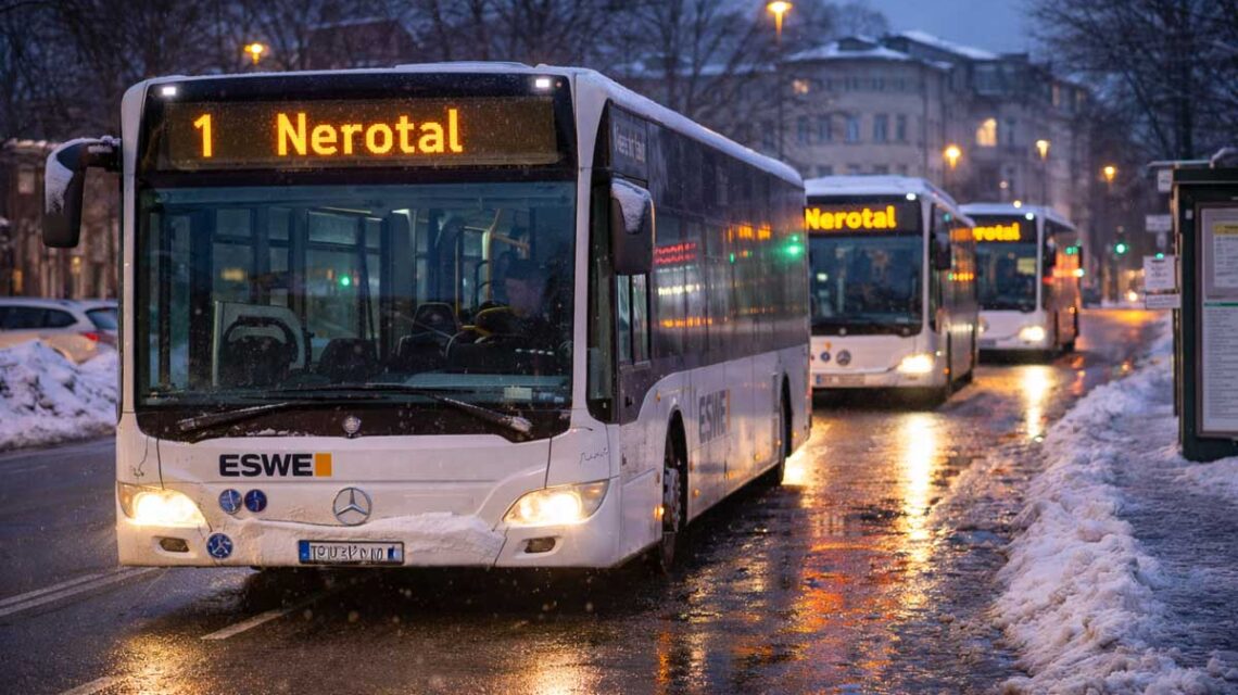 Ein Linienbus tastet sich durch den winterlichen Abendverkehr: Der Betrieb läuft wieder an, Sicherheit bestimmt das Tempo.