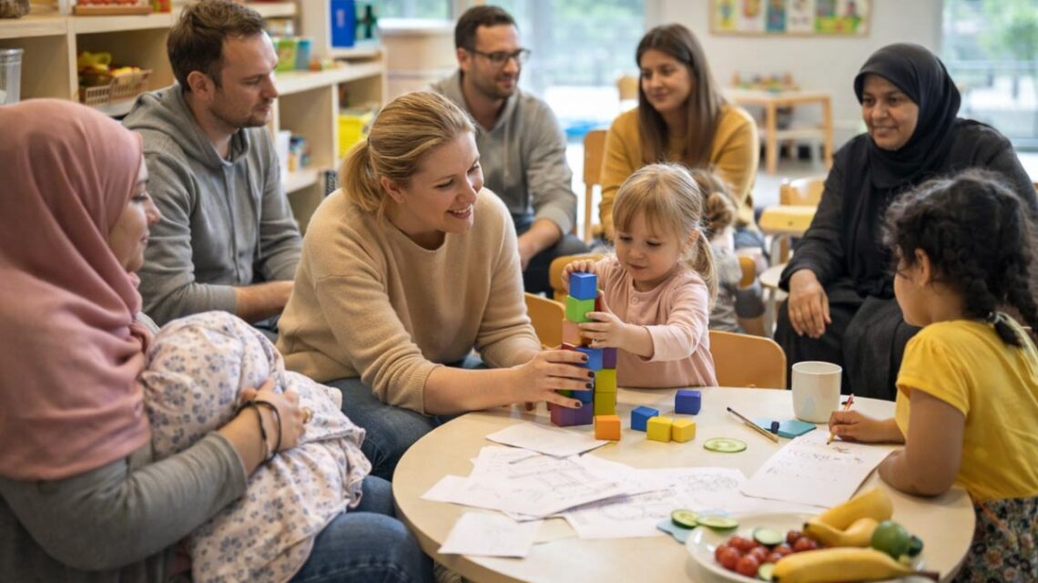 Eltern und Kinder nehmen an einem Elternbildungsangebot in einer Wiesbadener Kita teil und gestalten gemeinsam den Übergang in den Bildungsalltag.