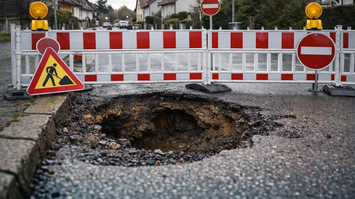 Nach einem Fahrbahneinbruch sperrt die Stadt die Christian-Bücher-Straße in Schierstein vollständig und sichert die Stelle mit einer Notgrabung.