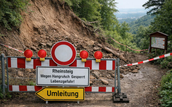Der Rheinsteig bei Frauenstein bleibt nach einem Hangrutsch auf rund 400 Metern aus Sicherheitsgründen gesperrt.