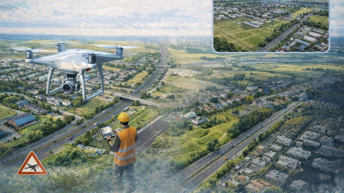 Eine Drohne erfasst entlang der Berliner Straße/B455 in Erbenheim hochauflösende Luftbilder für die weitere Planung des Ostfelds.