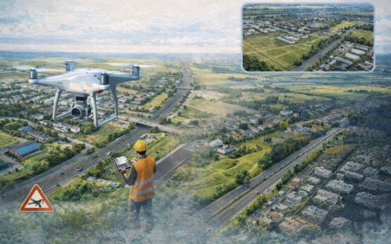 Eine Drohne erfasst entlang der Berliner Straße/B455 in Erbenheim hochauflösende Luftbilder für die weitere Planung des Ostfelds.