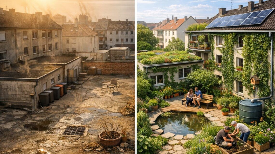 Begrünte Dächer und entsiegelte Innenhöfe verbessern das Klima in dicht bebauten Quartieren wie Kostheim-Mitte.