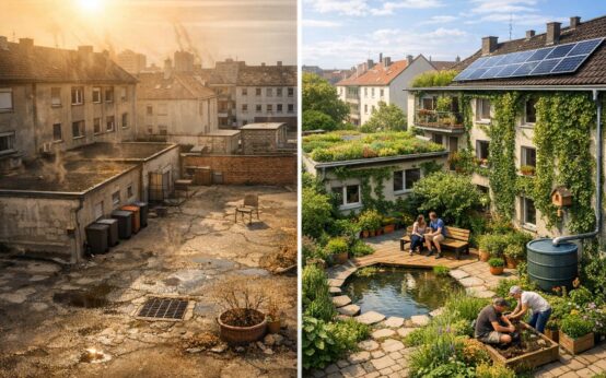 Begrünte Dächer und entsiegelte Innenhöfe verbessern das Klima in dicht bebauten Quartieren wie Kostheim-Mitte.