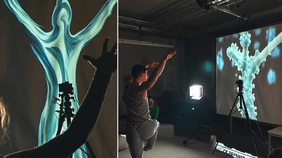 Tänzerinnen und Tänzer des Staatsballetts formen im Kunsthaus Wiesbaden mit einer KI neue Bilder – live, sinnlich, unberechenbar.