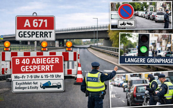 Stau und Hupkonzerte prägen seit Tagen das Bild rund um die gesperrte A 671 bei Hochheim – Kostheim steht im Zentrum der Umleitungsstrecken.