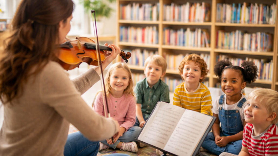 Gisela Reinhold entführt Kinder in der Musikbibliothek Wiesbaden spielerisch in die Abenteuerwelt der Geige.