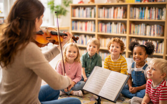 Gisela Reinhold entführt Kinder in der Musikbibliothek Wiesbaden spielerisch in die Abenteuerwelt der Geige.