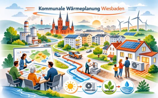 Schematische Zeichnung die Fernwärme udn Windenergie in den Mittelpunkt stellt.