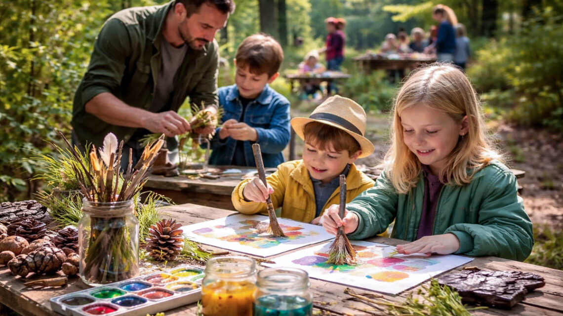 Selbst gebastelte Naturpinsel warten darauf, die Fasanerie in ein Farbenabenteuer zu verwandeln.