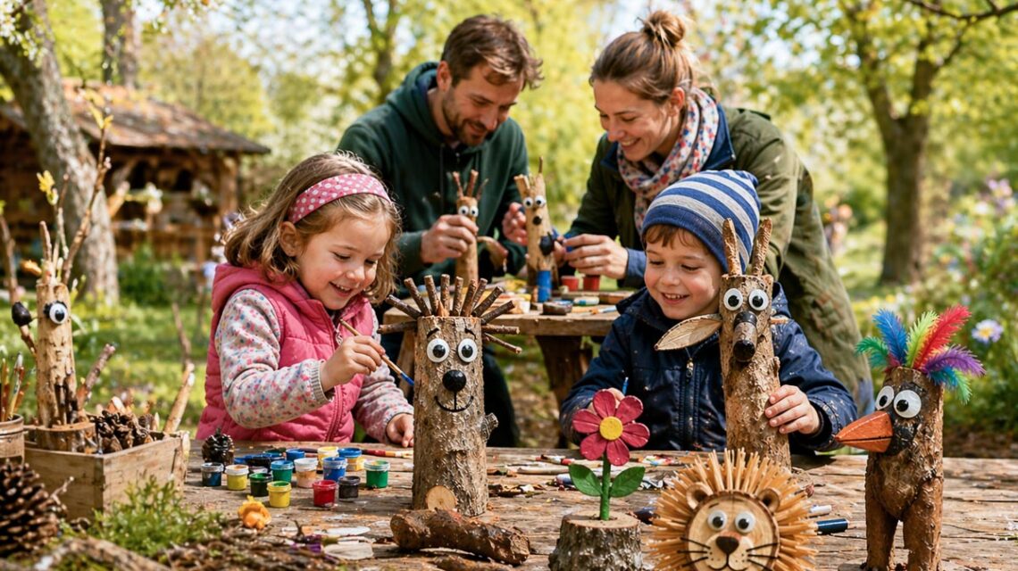 Zwei Kinder malen kleine gebastelte Skulturen an. Im Hintergrund sind die Eltern die an Skulpturen basteln.