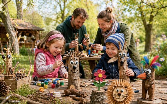 Zwei Kinder malen kleine gebastelte Skulturen an. Im Hintergrund sind die Eltern die an Skulpturen basteln.