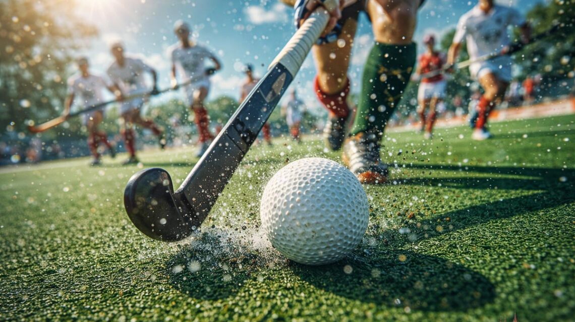 HockckeyspielerIn führt einen Ball